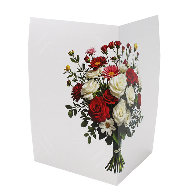 Cartonnage photo mariage vertical avec bouquet rouge et blanc - vue extérieure