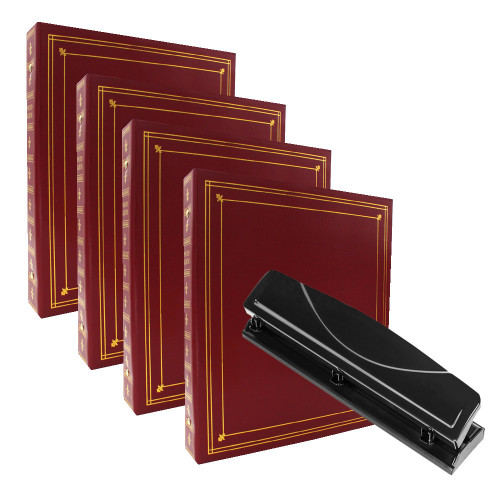 lot de 4 classeurs bordeaux vides 3 anneaux et perforatrice