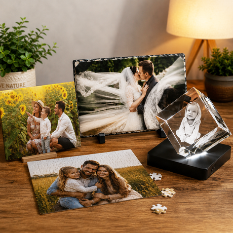 Sélection de cadeaux photo personnalisés CashPhoto comprenant une gravure sur verre, une ardoise photo, un puzzle personnalisé et un accessoire lumineux.