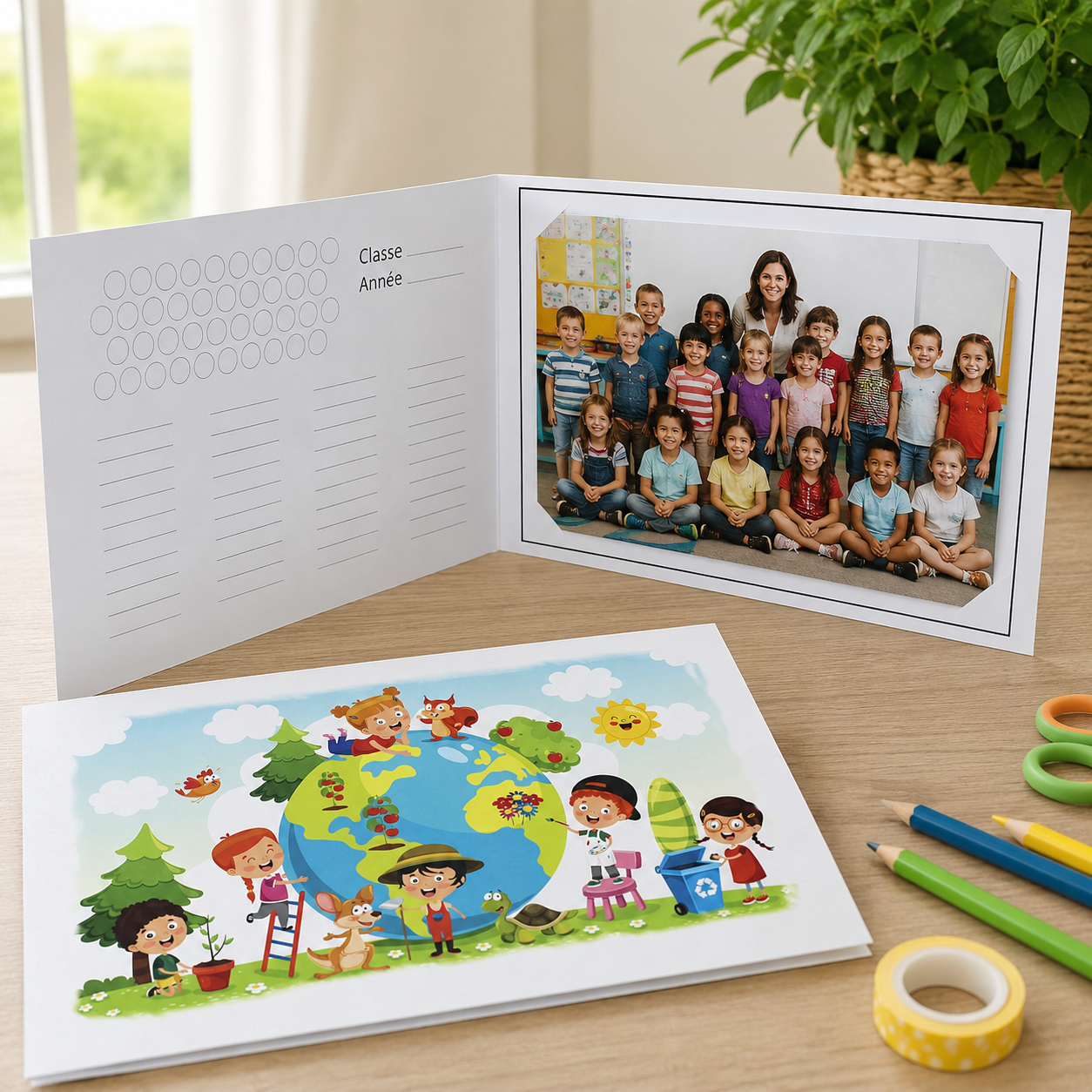 Cartonnage photo scolaire Planète Sourire pour photo de groupe 20 × 30 ou 18 × 25 cm, avec décor coloré inspiré de l’univers de l’école.