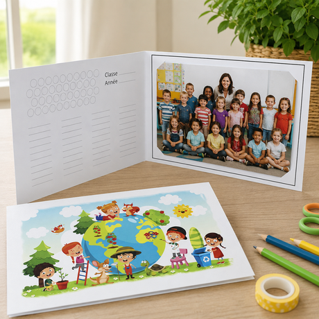 Cartonnage photo scolaire Planète Sourire pour photo de groupe 20 × 30 ou 18 × 25 cm, avec décor coloré inspiré de l’univers de l’école.