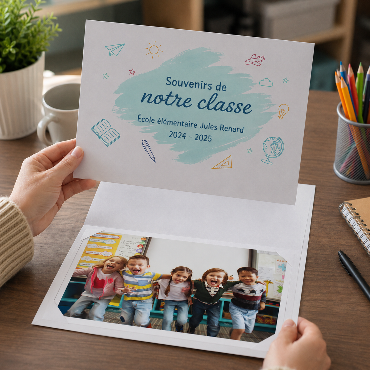 Cartonnage photo scolaire personnalisable 20 × 30 cm, conçu pour présenter une photo de groupe avec logo, texte, couleurs ou identité visuelle de l’établissement.