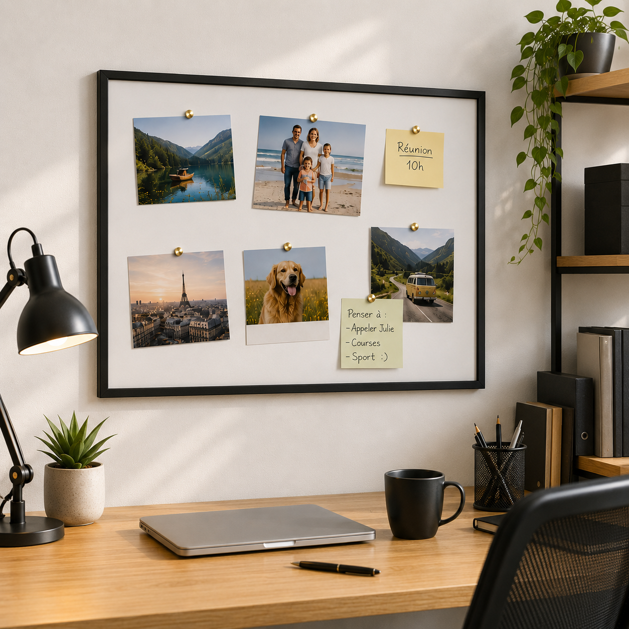 Pêle-mêle magnétique CPC noir 50 × 70 cm avec fond blanc, utilisé dans un bureau pour afficher photos, notes et souvenirs à l’aide d’aimants.