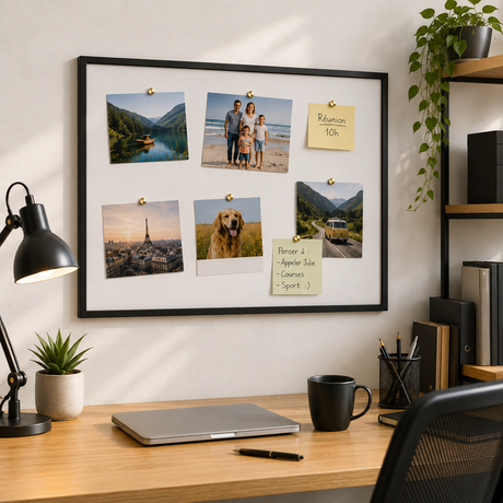 Pêle-mêle magnétique CPC noir 50 × 70 cm avec fond blanc, utilisé dans un bureau pour afficher photos, notes et souvenirs à l’aide d’aimants.
