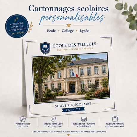 Cartonnages photo scolaires personnalisables pour photos de groupe, avec possibilité d’ajouter le logo, le nom, les couleurs et l’identité visuelle de l’établissement.