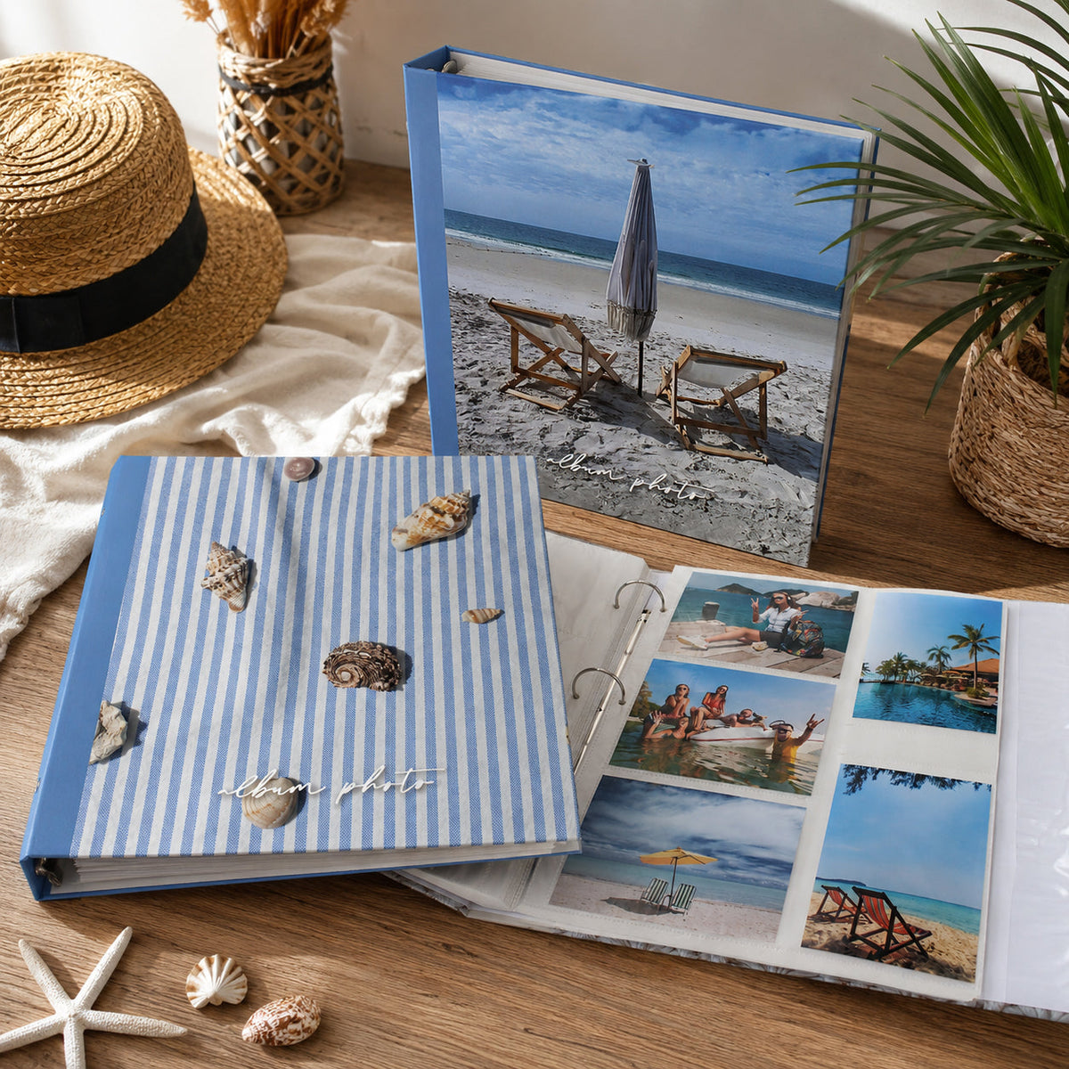 Albums photo Ariane Plage aux motifs bord de mer, disponibles en plusieurs formats et capacités pour conserver les souvenirs de vacances.