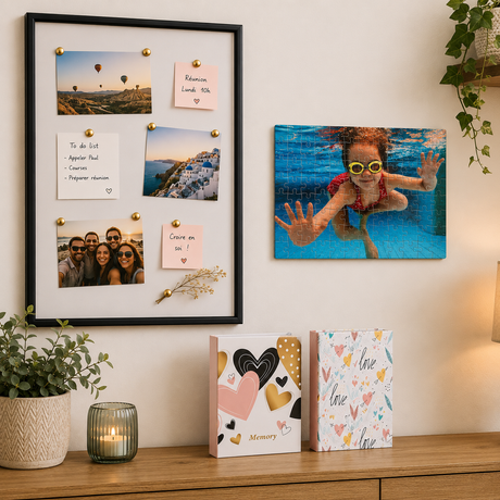 Mur de photos décoratif composé de plusieurs tirages et cadres de différents formats, disposés harmonieusement dans un intérieur.