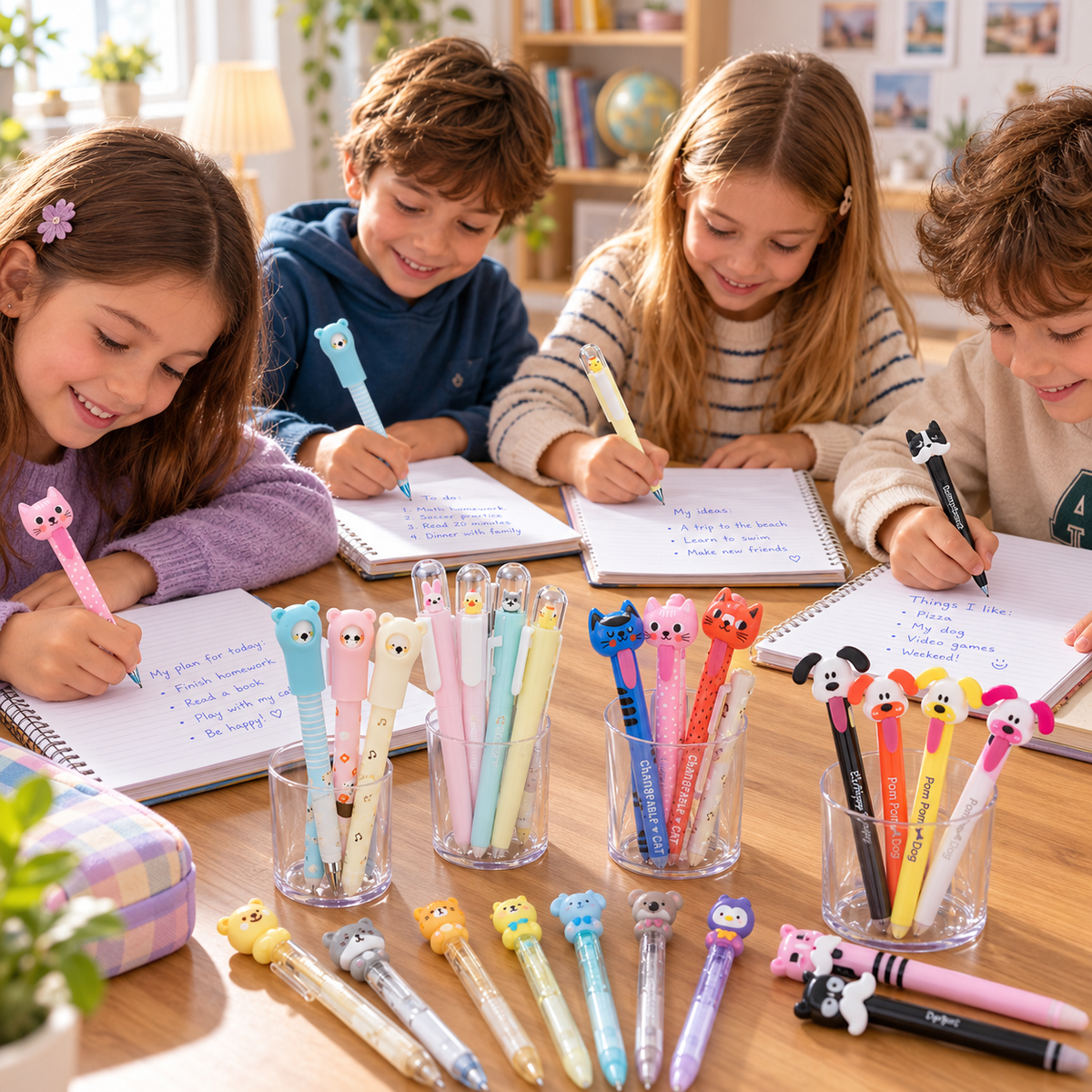 Quatre enfants écrivent dans leurs cahiers avec les nouveaux stylos fantaisie CashPhoto, décorés de chats, chiens et petits animaux colorés, disponibles en lots de 6 ou 8.