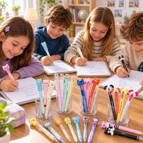 Quatre enfants écrivent dans leurs cahiers avec les nouveaux stylos fantaisie CashPhoto, décorés de chats, chiens et petits animaux colorés, disponibles en lots de 6 ou 8.