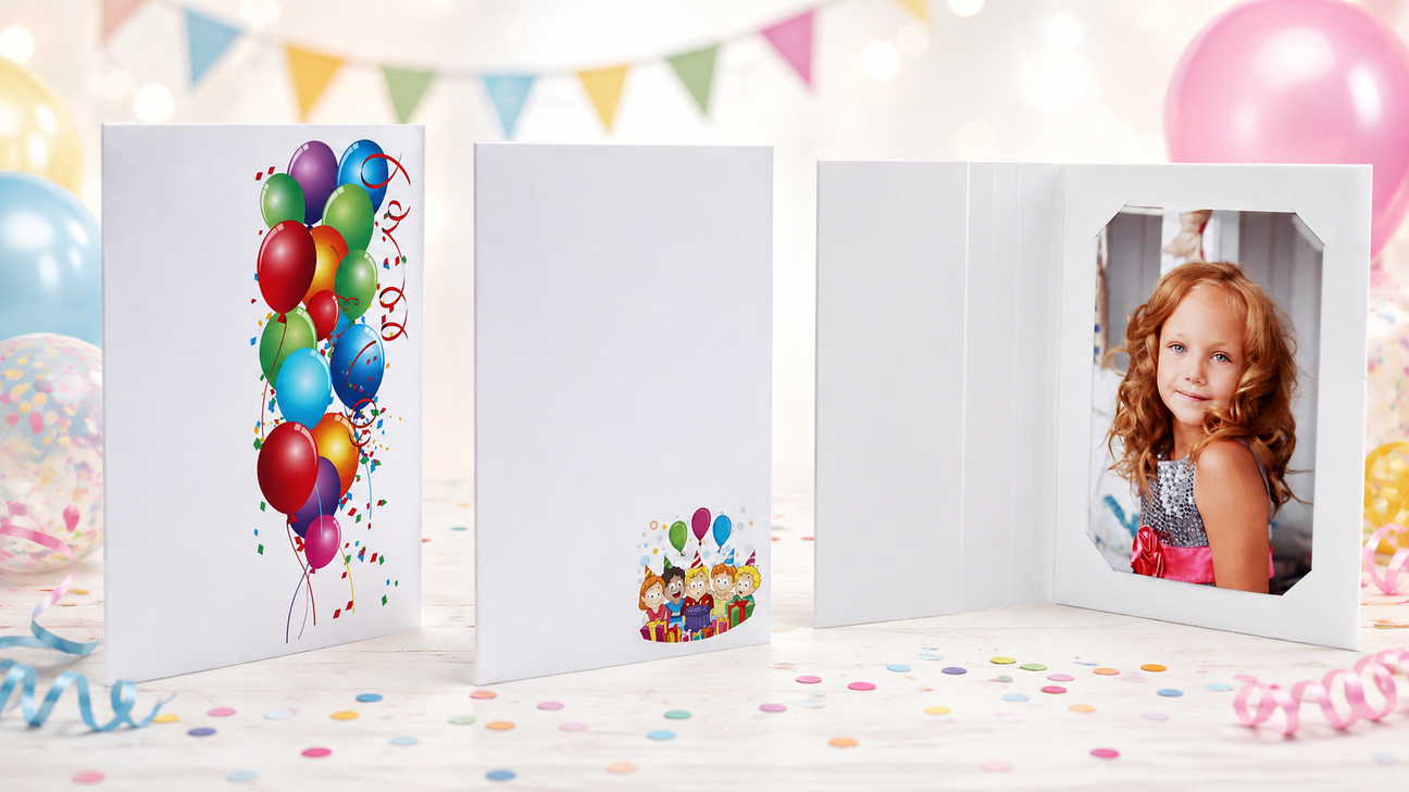 Cartonnages photo Anniversaire présentés dans une ambiance festive avec ballons, confettis et portrait d’enfant, pour photos de fêtes et souvenirs d’anniversaire.