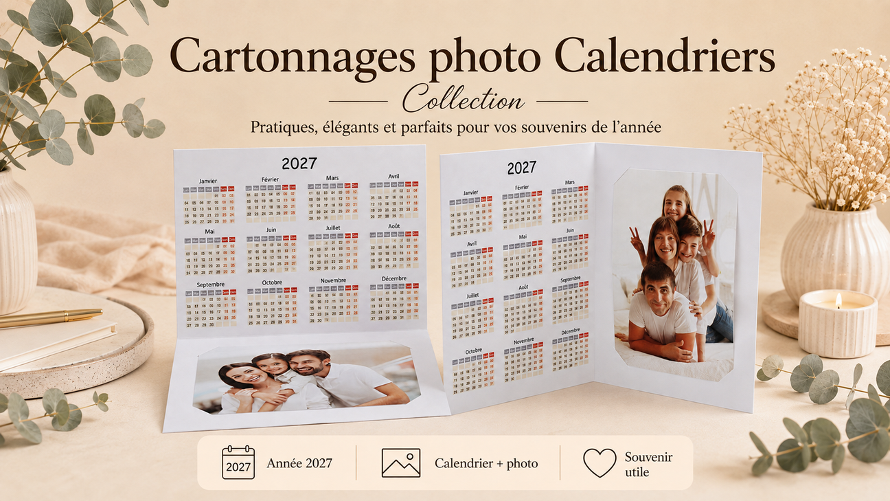 Cartonnages photo calendriers avec photo souvenir et deux présentations différentes