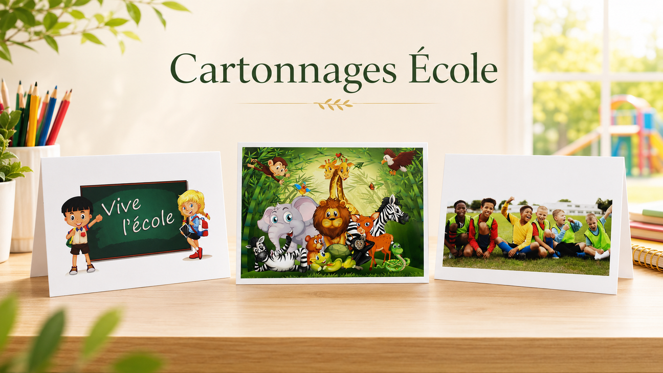 Cartonnages photo École présentant plusieurs modèles illustrés pour photos de classe et souvenirs scolaires, dans une ambiance lumineuse et colorée.