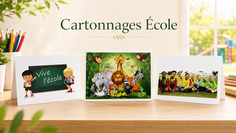 Cartonnages photo École présentant plusieurs modèles illustrés pour photos de classe et souvenirs scolaires, dans une ambiance lumineuse et colorée.