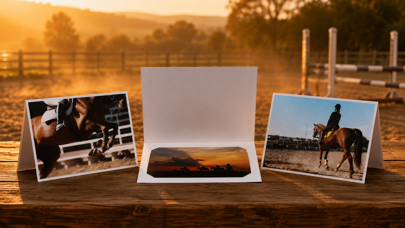 Bannière de collection Cartonnages Équitation présentant trois cartonnages photo avec cavaliers et chevaux dans une ambiance de centre équestre au coucher du soleil.
