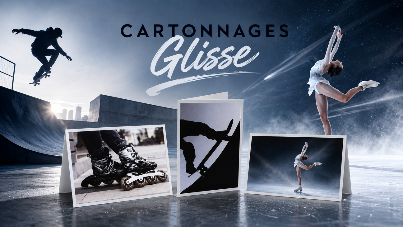 Bannière de collection Cartonnages Glisse présentant plusieurs cartonnages photo dédiés au roller, au skate et au patinage artistique dans une ambiance sportive et dynamique.