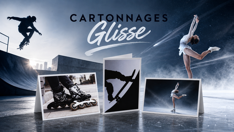 Bannière de collection Cartonnages Glisse présentant plusieurs cartonnages photo dédiés au roller, au skate et au patinage artistique dans une ambiance sportive et dynamique.