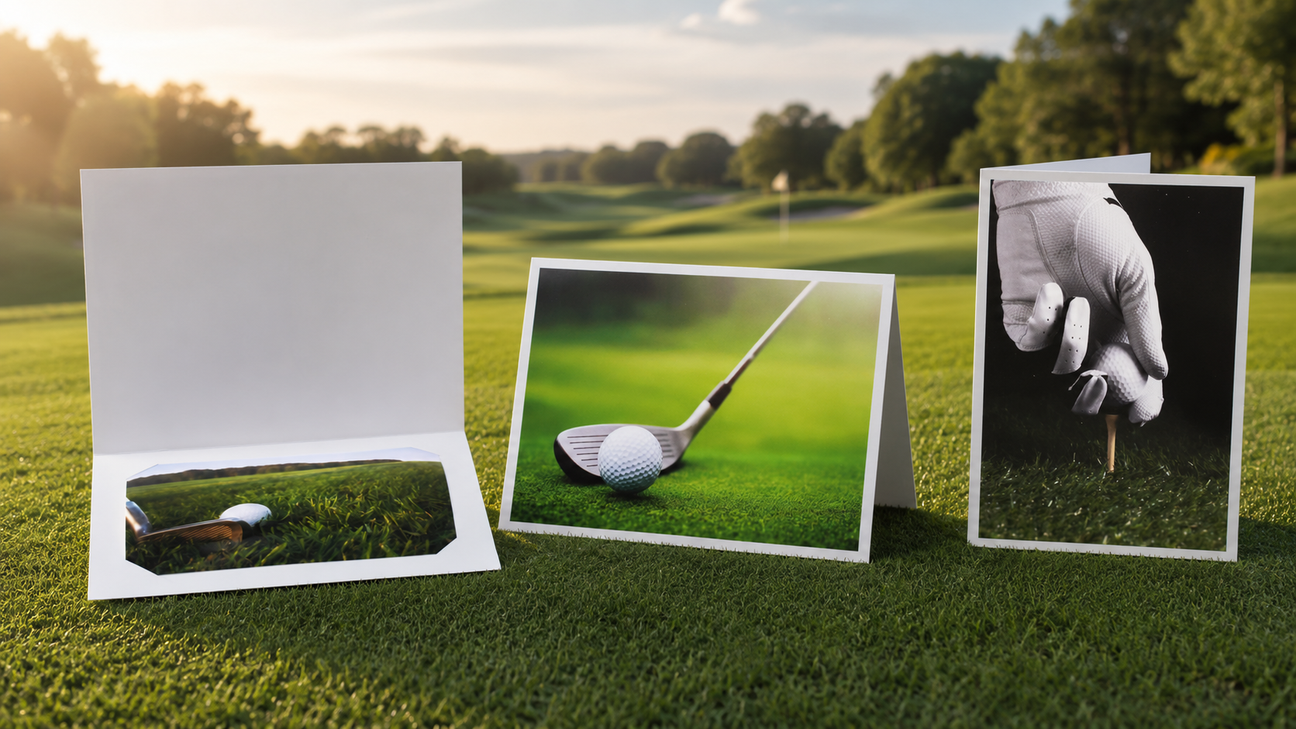 Bannière de collection Cartonnages Golf présentant trois cartonnages photo sur un parcours de golf, avec balle, club et tee dans une ambiance sportive élégante.