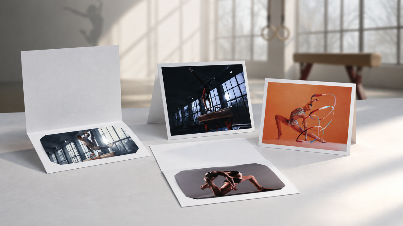 Bannière de collection Cartonnages Gymnastique présentant plusieurs cartonnages photo avec des scènes de gymnastique artistique et rythmique dans une salle de sport lumineuse.