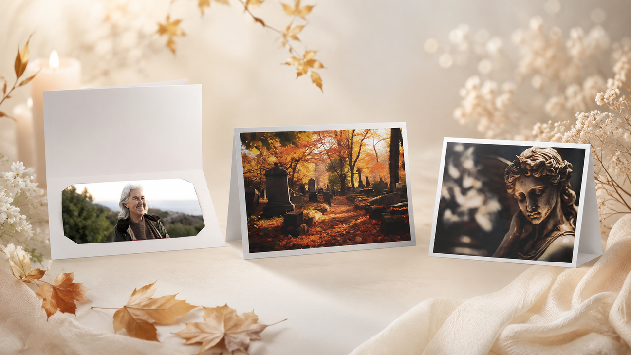 Cartonnages photo Hommage & Souvenir présentés dans une ambiance douce et élégante, avec portrait, paysage d’automne et statue commémorative.