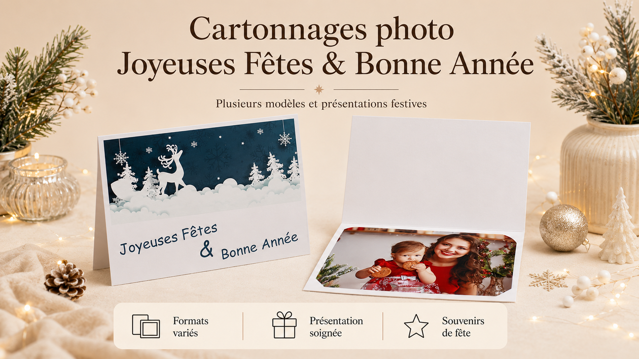 Collection de cartonnages photo Joyeuses Fêtes et Bonne Année avec plusieurs modèles et présentations festives de fin d’année
