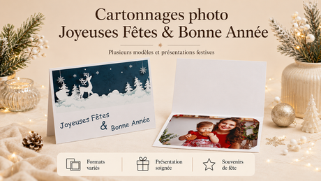 Collection de cartonnages photo Joyeuses Fêtes et Bonne Année avec plusieurs modèles et présentations festives de fin d’année