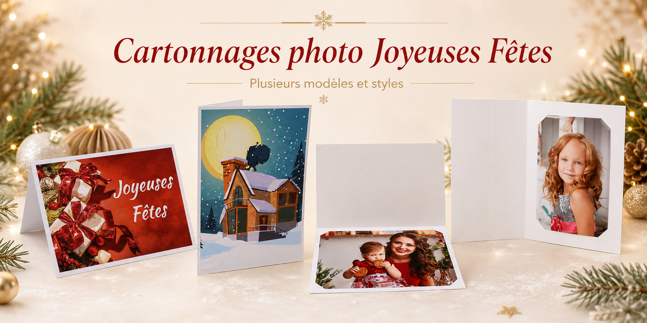 Collection de cartonnages photo Joyeuses Fêtes avec plusieurs décors de Noël et de fin d’année
