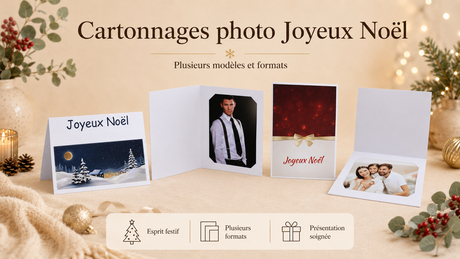 Collection de cartonnages photo Joyeux Noël avec plusieurs modèles, formats et décors festifs de fin d’année