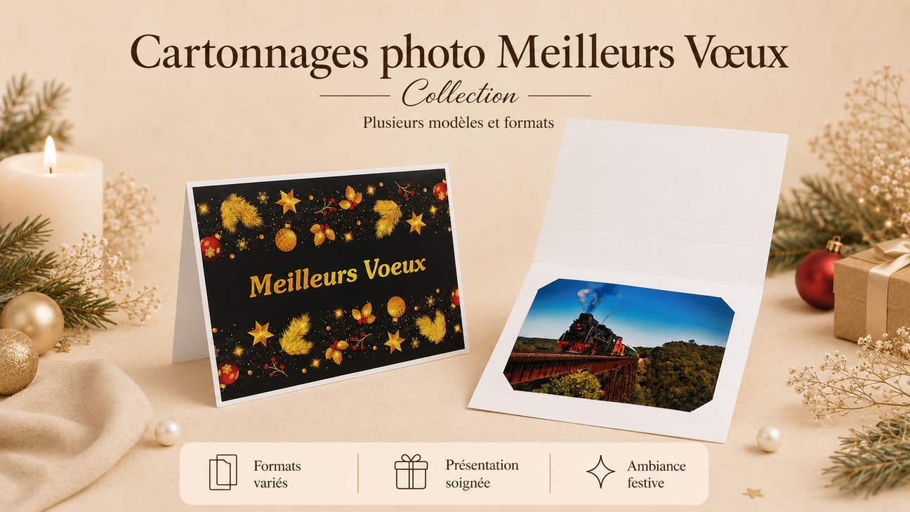 Collection de cartonnages photo Meilleurs Vœux avec plusieurs modèles, formats et présentations festives