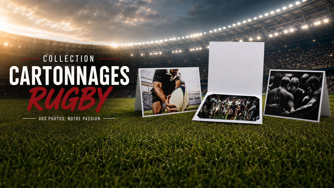 « Collection Cartonnages Rugby » et une ambiance sportive éclairée par les projecteurs.
