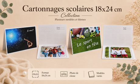 Collection de cartonnages scolaires 18x24 cm pour photos de classe, avec plusieurs modèles et thèmes