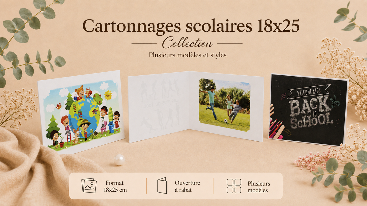 Collection de cartonnages scolaires 18x25 cm pour photos de classe, avec plusieurs modèles et thèmes