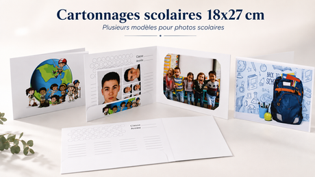 Collection de cartonnages scolaires 18x27 cm pour photos de classe, avec plusieurs modèles et thèmes