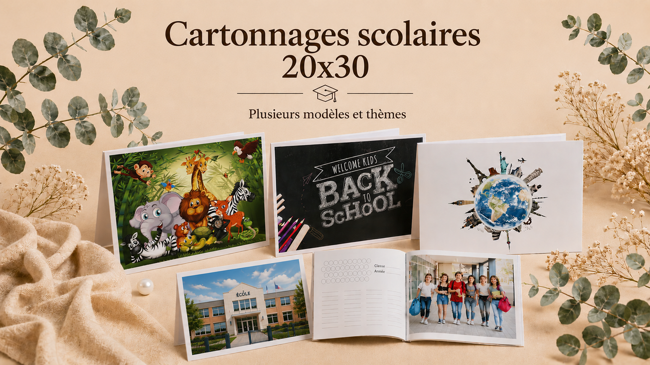 Collection de cartonnages scolaires 20x30 cm pour photos de classe – plusieurs modèles et thèmes