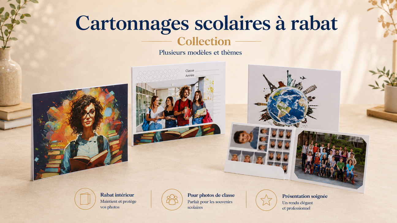 Collection de cartonnages scolaires à rabat pour photos de classe et photos de groupe, plusieurs formats et modèles