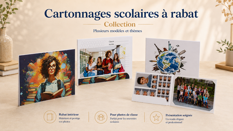Collection de cartonnages scolaires à rabat pour photos de classe et photos de groupe, plusieurs formats et modèles